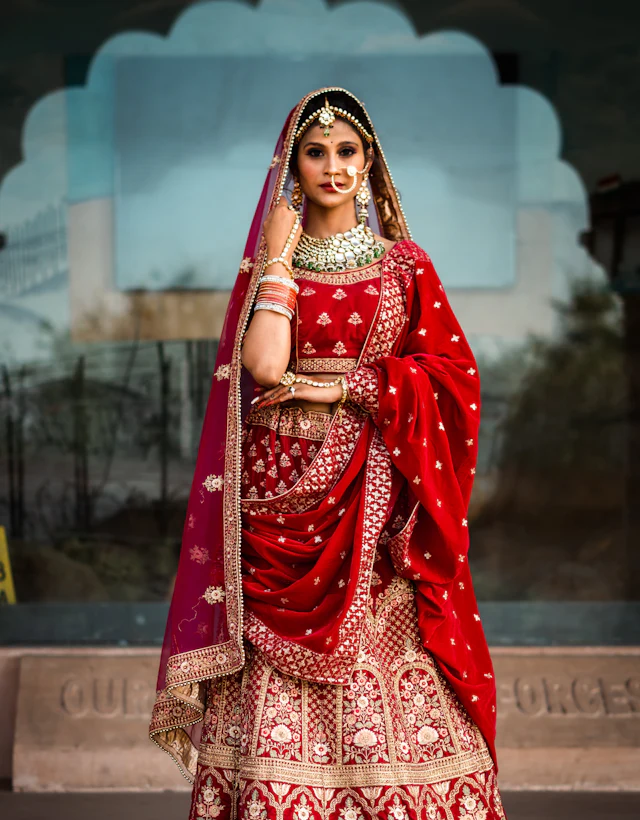 Bride in a red and gold lehenga standing in an arched doorway