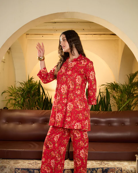 Woman in a red printed Indo-Western co-ord set