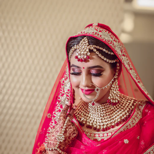 Bride in a red lehenga with kundan jewellery
