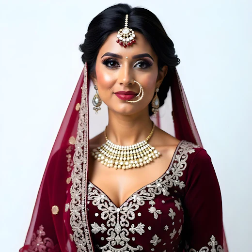 Bride in a maroon velvet lehenga