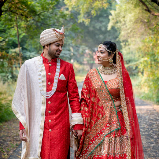 Couple in wedding outfits walking together