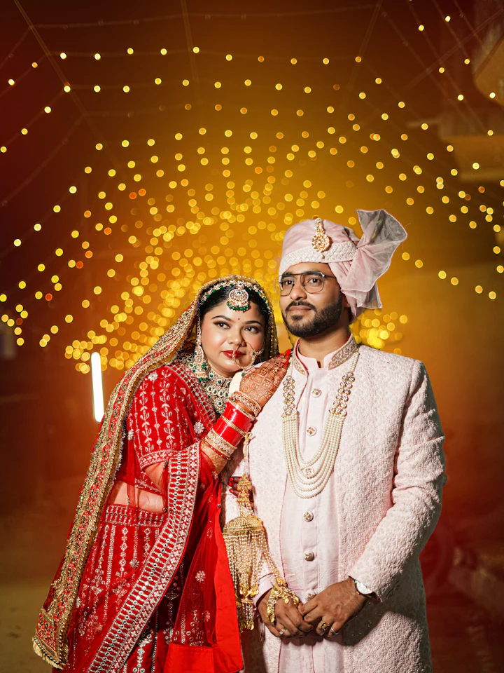 Bride in a red bridal lehenga and groom in an ivory sherwani under warm wedding lights